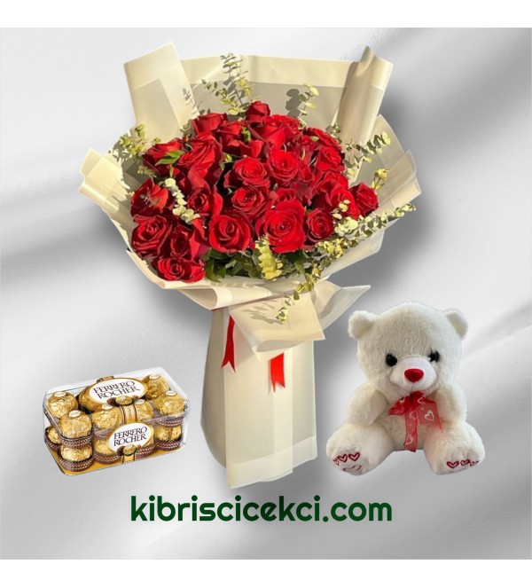 30 Kırmızı Gül Buketi 16'lı Ferrero Çikolata ve Ayıcık